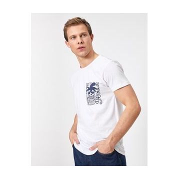 Koton 1KAL18149OK Mavi Bisiklet Yaka Kisa Kollu Slim Fit Çizgili Kadın T-shirt
