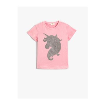 Koton 2YKG17483OK Unicorn Baskılı Kısa Kollu Bisiklet Yaka Pamuklu Kız Çocuk Tişört