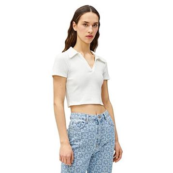 Koton 3SAL10060IK010 Ekru Kadın Crop T-Shirt