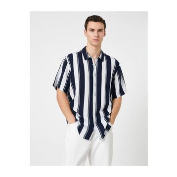 Koton 3SAM60023HW Lacivert Çizgili 02M Erkek Woven Tops Viskos Gömlek