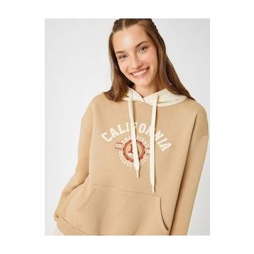 Koton 3WAL10010IK Kapüşon Yaka Baskılı Bej Kadın Sweatshirt