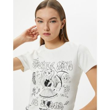 Koton 4SAL10029IK Ekru Anime Baskılı Kadın T-shirt