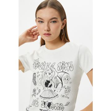 Koton 4SAL10029IK Ekru Anime Baskılı Kadın T-shirt