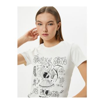 Koton 4SAL10029IK Ekru Anime Baskılı Kadın T-shirt