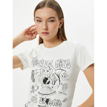 Koton 4SAL10029IK Ekru Anime Baskılı Kadın T-shirt