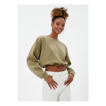 Koton 4WAL10107IK Desenli Yuvarlak Yaka Düz Haki Kadın Sweatshirt