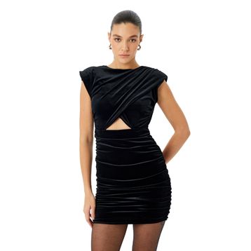 Koton Bisiklet Yaka Drape Detaylı Pencere Detaylı Mini Kadife Elbise