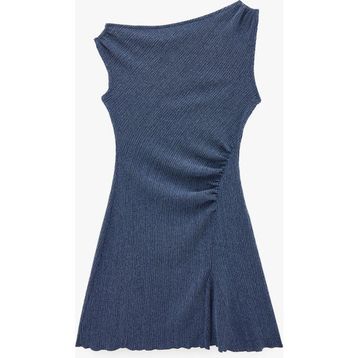Koton Bürümcük Kolsuz Kayık Yaka Büzgülü Asimetrik Mini Lacivert Elbise