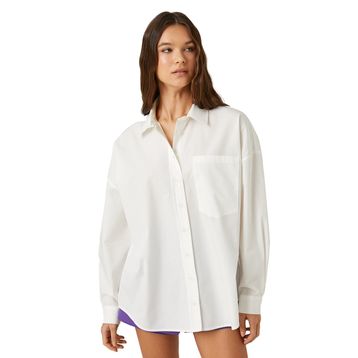 Koton Oversize Pamuklu Uzun Kollu Cep Detaylı Beyaz Kadın Gömlek