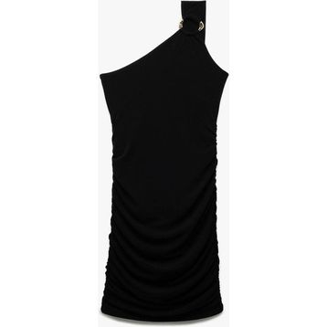 Koton Siyah Astarlı Aksesuar Detaylı Slim Fit Drapeli Mini Tek Omuz Elbise