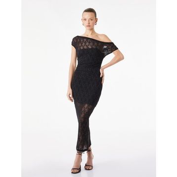 Koton Siyah Slim Fit Kayık Yaka Bodycon Dantelli Taşlı Midi Abiye Elbise