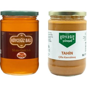 Köyceğiz Balı 850 gr Çiçek Balı Cam Kavanoz + 600 gr Köyceğiz Yöresel Çifte Kavrulmuş Tahin Cam Kavanoz