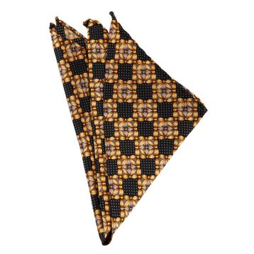 Kravatkolik SPS114 Siyah - Sarı Motif Baskılı İpek Mendil