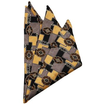 Kravatkolik SPS321 Sarı - Siyah Motif Baskılı İpek Mendil