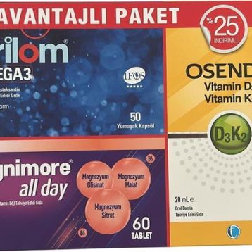 Krilom Omega-3 50 Kapsül + Magnimore All Day 60 Tablet + Osende D3K2 20 ml Damla