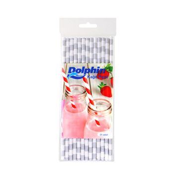 KullanAtMarket Dolphin 25 Adet Gümüş Çizgili Beyaz Kağıt Pipet