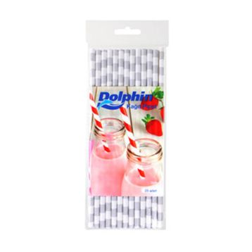 KullanAtMarket Dolphin 25 Adet Gümüş Çizgili Beyaz Kağıt Pipet