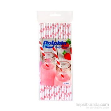 KullanAtMarket Dolphin Pembe Puantiyeli 25 Adet Beyaz Kağıt Pipet