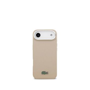 Lacoste iPhone 17 Air PU Pike Desenli Standlı Metal Logolu Magsafe Bej Uyumlu Telefon Kılıfı