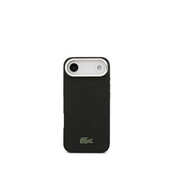 Lacoste iPhone 17 Air PU Pike Desenli Standlı Metal Logolu Magsafe Siyah Uyumlu Telefon Kılıfı
