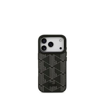 Lacoste iPhone 17 Pro Monogram Desenli PU Deri Standlı Magsafe Siyah Uyumlu Telefon Kılıfı