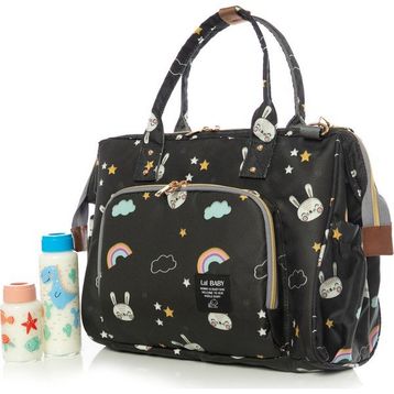 Lal Baby Baggage Bag Tavşan Desenli Siyah Omuz Askılı Anne Bebek Bakım Çantası