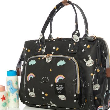 Lal Baby Baggage Bag Tavşan Desenli Siyah Omuz Askılı Anne Bebek Bakım Çantası