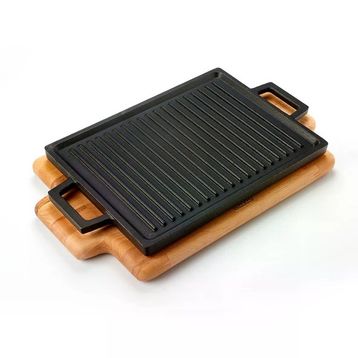 Lava 22x30 cm Siyah Dikdörtgen Çift Yön Izgara Hot Plate Döküm Demir Yekpare Çift Kulplu Kayın Servis Ahşabı