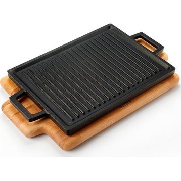 Lava 22x30 cm Siyah Dikdörtgen Çift Yön Izgara Hot Plate Döküm Demir Yekpare Çift Kulplu Kayın Servis Ahşabı