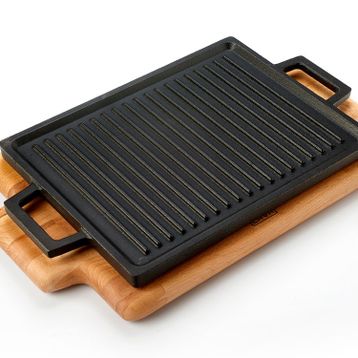 Lava 22x30 cm Siyah Dikdörtgen Çift Yön Izgara Hot Plate Döküm Demir Yekpare Çift Kulplu Kayın Servis Ahşabı