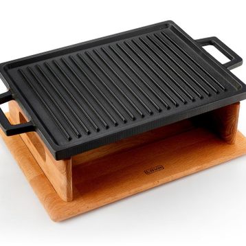 Lava 22x30 cm Siyah Dikdörtgen Çift Yön Izgara Hot Plate Döküm Demir Yekpare Çift Kulplu Kayın Servis Ahşabı