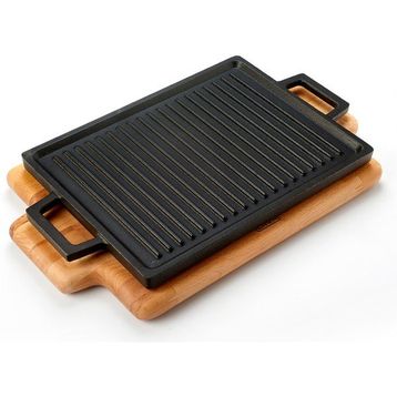 Lava 22x30 cm Siyah Dikdörtgen Çift Yön Izgara Hot Plate Döküm Demir Yekpare Çift Kulplu Kayın Servis Ahşabı