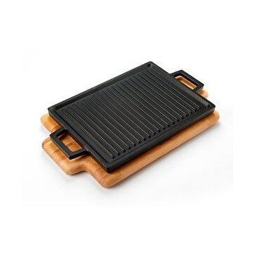 Lava 22x30 cm Siyah Dikdörtgen Çift Yön Izgara Hot Plate Döküm Demir Yekpare Çift Kulplu Kayın Servis Ahşabı
