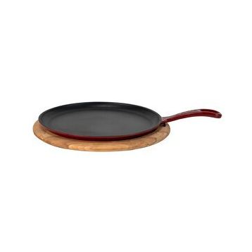Lava 26 CM Bordo Döküm Demir Yekpare Saplı Kayın Servis Ahşabı Yuvarlak Pizza Krep Pankek Tavası