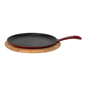 Lava 26 CM Bordo Döküm Demir Yekpare Saplı Kayın Servis Ahşabı Yuvarlak Pizza Krep Pankek Tavası