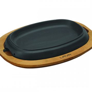 Lava 26x19 cm Siyah Döküm Oval Fajita Tabağı Kayın Servis Ahşabı