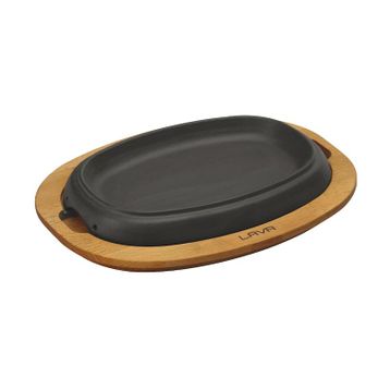 Lava 26x19 cm Siyah Döküm Oval Fajita Tabağı Kayın Servis Ahşabı