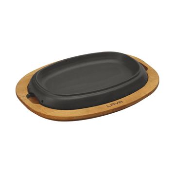 Lava 26x19 cm Siyah Döküm Oval Fajita Tabağı Kayın Servis Ahşabı