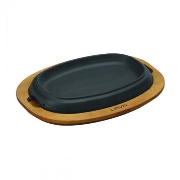 Lava 26x19 cm Siyah Döküm Oval Fajita Tabağı Kayın Servis Ahşabı