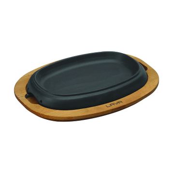 Lava 26x19 cm Siyah Döküm Oval Fajita Tabağı Kayın Servis Ahşabı