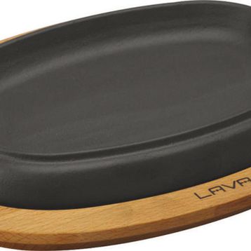 Lava 26x19 cm Siyah Döküm Oval Fajita Tabağı Kayın Servis Ahşabı