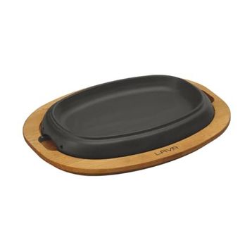 Lava 26x19 cm Siyah Döküm Oval Fajita Tabağı Kayın Servis Ahşabı