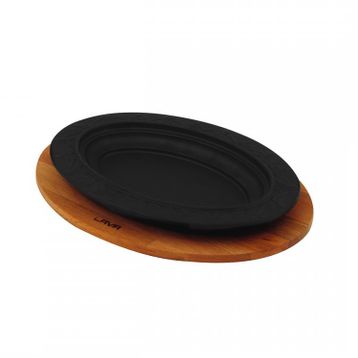Lava 28x20 cm Siyah Döküm Oval Döner Kebap Tabağı Kayın Servis Ahşabı