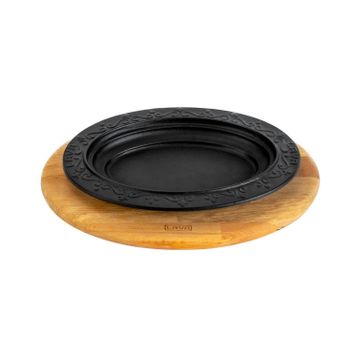 Lava 28x20 cm Siyah Döküm Oval Döner Kebap Tabağı Kayın Servis Ahşabı