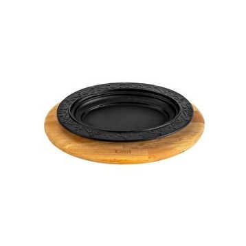 Lava 28x20 cm Siyah Döküm Oval Döner Kebap Tabağı Kayın Servis Ahşabı