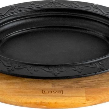 Lava 28x20 cm Siyah Döküm Oval Döner Kebap Tabağı Kayın Servis Ahşabı