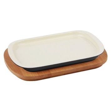 Lava 32x20 cm Krem Ahşap Altlıklı Döküm Demir Servis Tabağı