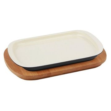 Lava 32x20 cm Krem Ahşap Altlıklı Döküm Demir Servis Tabağı