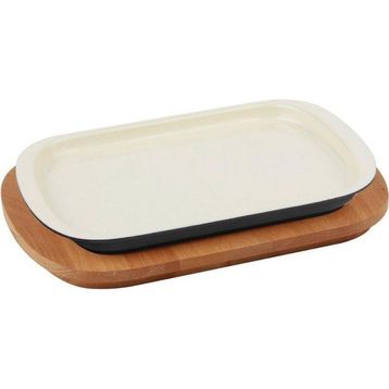 Lava 32x20 cm Krem Ahşap Altlıklı Döküm Demir Servis Tabağı