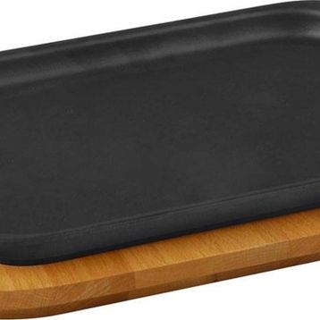 Lava 32x20 cm Siyah Döküm Dikdörtgen Servis Tabağı ve Kayın Servis Ahşabı
